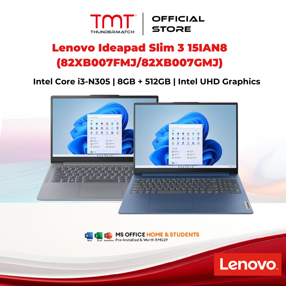 Lenovo Ideapad Slim 3 15IAN8 Laptop (82XB007FMJ/82XB007GMJ) | i3-N305 | 8GB RAM 512GB SSD | 15.6" FH