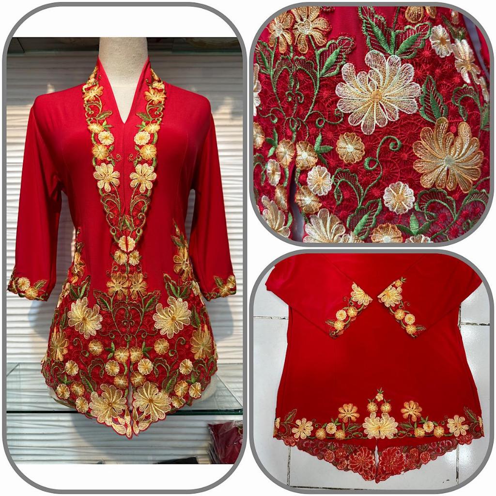 【READY STOCK】Baju Kebaya Nyonya Sulaman Bunga Kain Stretchable Jersey - Warna Merah (Lengan 3 suku)