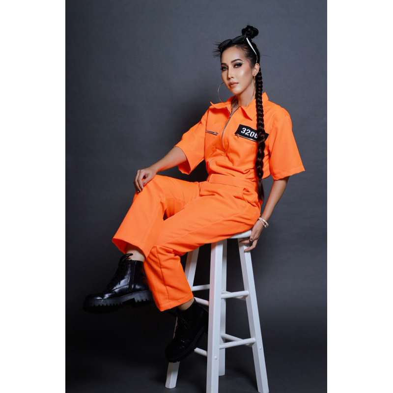 Costume Mechanic Jumpsuit Prison Uniform Fashion Trendy Neon Orange ชุดหมีจัมพ์สูท ชุดคุก ชุดนักบิน จัมพ์สูทแฟชั่น