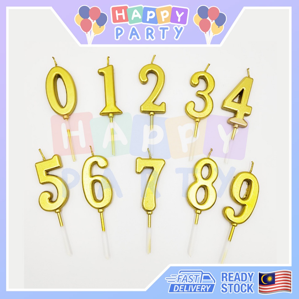 READY STOCKNumber Candle Premium Gold Candle Birthday Party Celebration Cake Topper Age Candle Nombor Lilin 数字岁数蜡