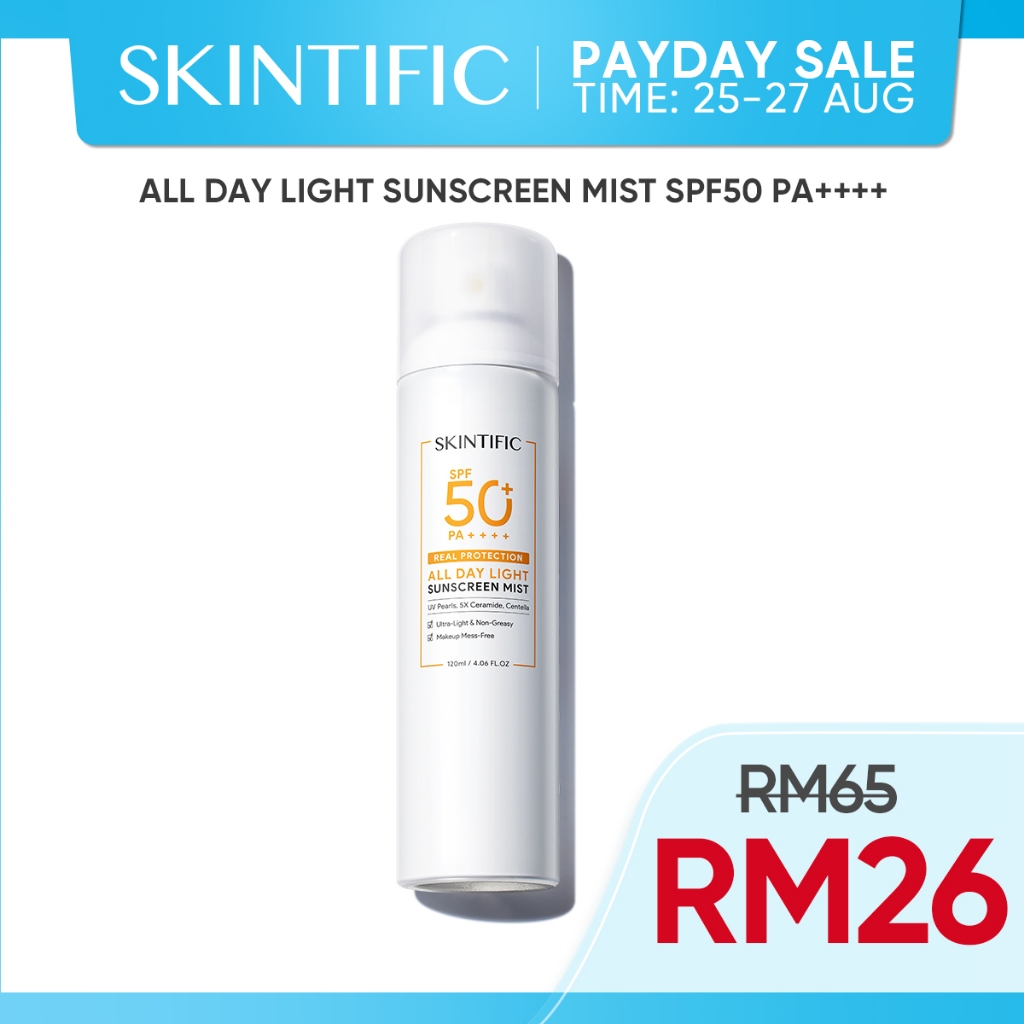 [100% Ori] SKINTIFIC All Day Light Sunscreen Mist SPF50 PA++++ Whitening Sunblock Spray Anti UV Face/Body Spray 50ml