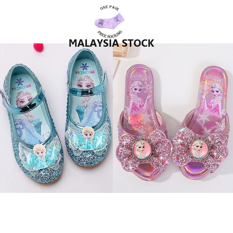 Kids Princess High Heel Shoes Frozen Elsa Fashion Girls Leather Crystal Shoes Kasut Budak Perempuan