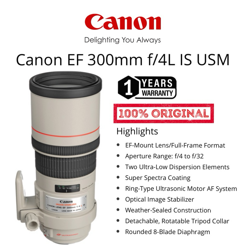 CANON EF 300MM F/4L IS USM EF MOUNT FULL FRAME FORMAT SUPER HIGH SPEED ZOOM LENS OPTICAL IMAGES STABILIZER CANON ZOOM
