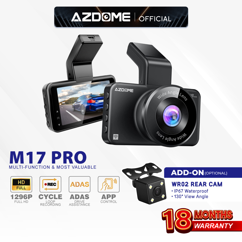 Azdome M17PRO 1296P Full HD Dual Channel Front & Rear Dash Cam Night Vision App Control Car Camera Driving Recorder