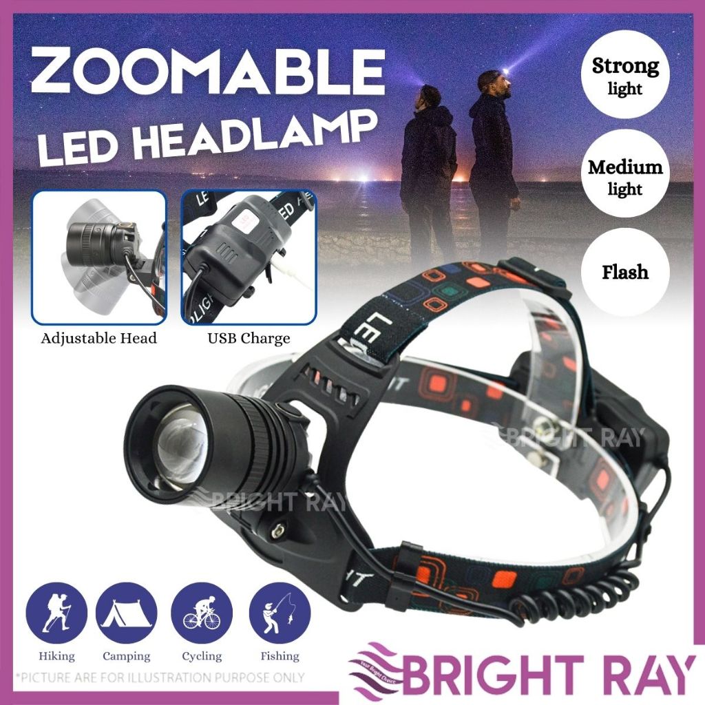 T80 Head lamp With Zoom Rechargeable Battery Adjustable Head Torch Lampu Suluh for Camping Hiking Fishing Headlight