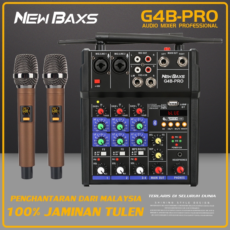 New Baxs G4B-PRO Professional Audio Mixer 4 channel small mixer Built-in UHF wireless microphone 2 handheld 80M
