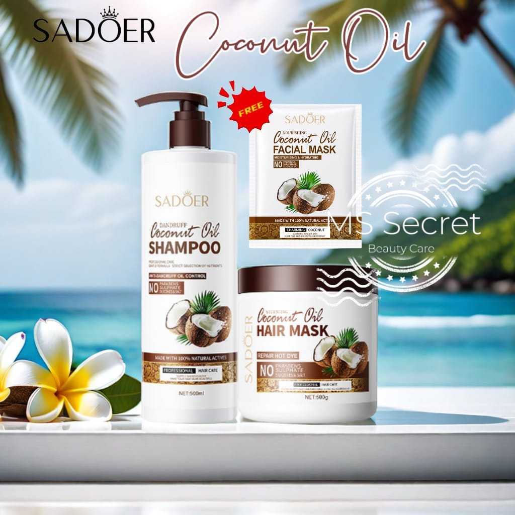 SADOER 2 IN 1 Nourishing Coconut Oil Shampoo & Hair Mask Set 500ml+500g*Free Coconut Face Mask