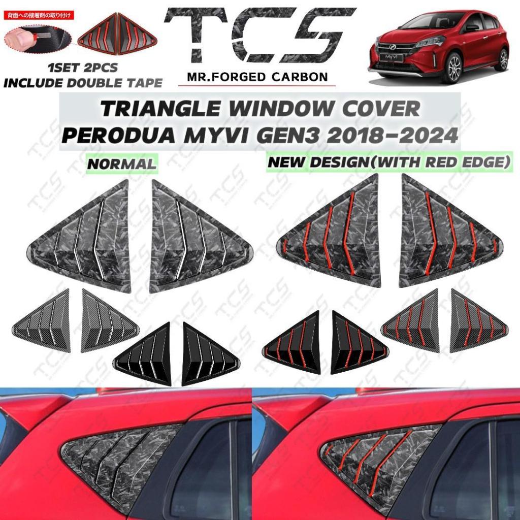 TCS PERODUA MYVI GEN3 2018-2024+ CAR TRIANGLE WINDOW COVER NEW DESIGN FORGED CARBON RED EDGE 2 TONE