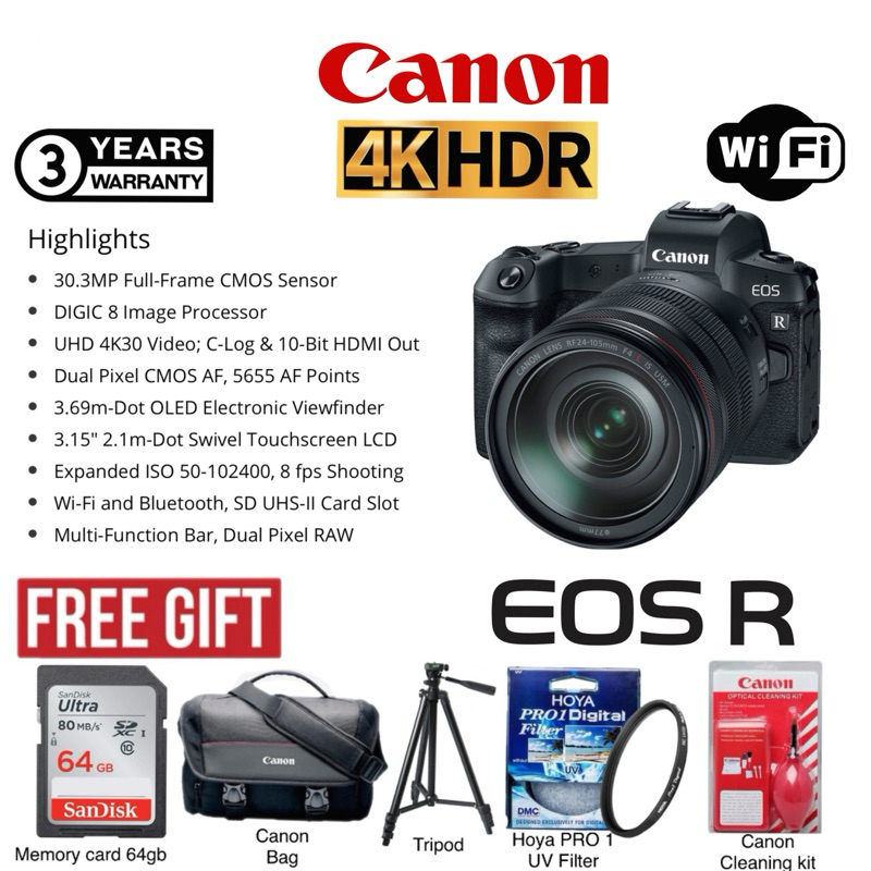 CANON EOS R RF 24-105MM F/4L IS USM 30MP 4K ORIGINAL (3 YEARS WARRANTY) CANON EOS R MIRROLESS CAMERA PROFESSIONAL CAMERA