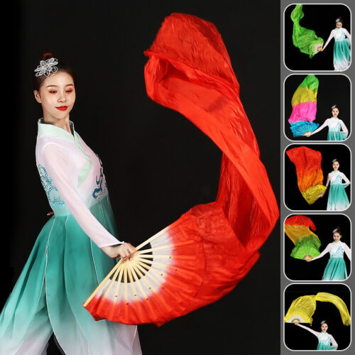 daidai (Ready Stock) Colorful Bamboo Veil Silk Fan Costume Belly Dance Accessories Show 加长舞蹈扇子跳舞扭秧歌广场舞成人双面渐变色演出表演纺丝长绸扇