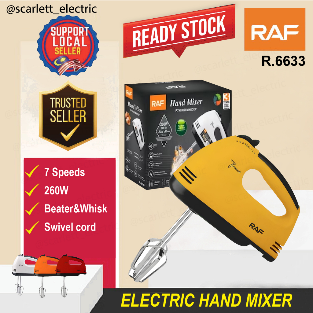 RAF/SCARLETT Electric Hand Mixer 7 Speeds Portable Handheld Baking 260W with Beater Whisk / Mesin Pengadun Tepung Pengis