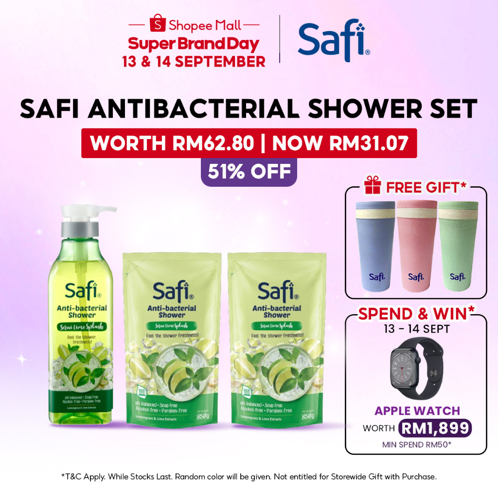 [SBD Exclusive] Safi Antibacterial Shower Serai Lime Splash + Refill Pouch x2 (Free 1 Safi Tumbler)