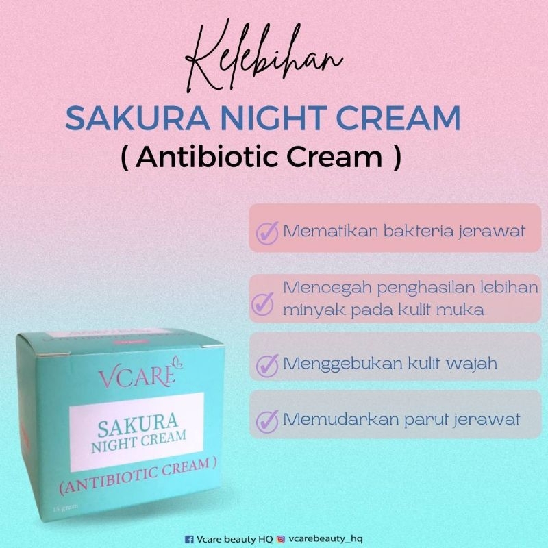 VCARE BEAUTY SAKURA NIGHT CREAM (ANTIBIOTIC CREAM) 15GRAM. ORIGINAL HQ ✅