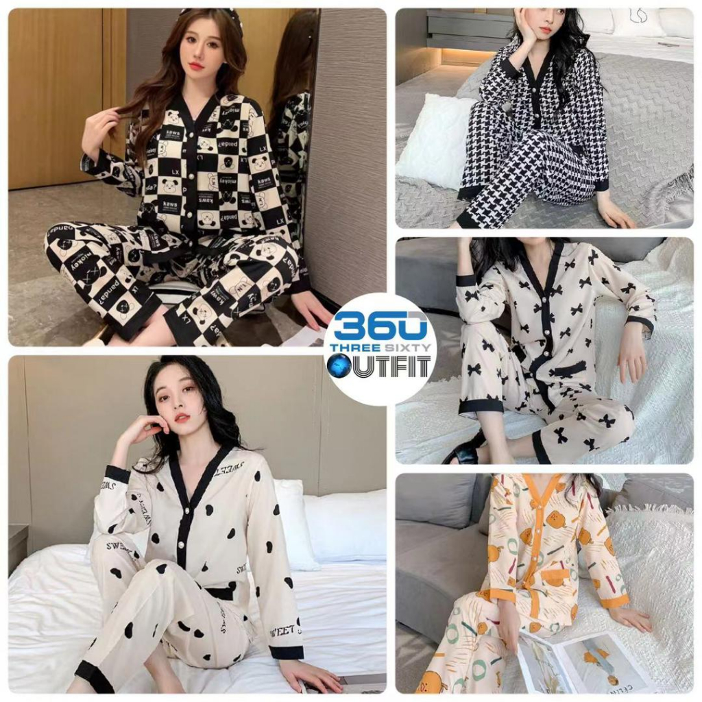 2 in 1 Set Korean Design Pyjamas Women Long Sleeve Silk Sleepwear Pajamas Baju Tidur Perempuan Wanita Pakaian Malam