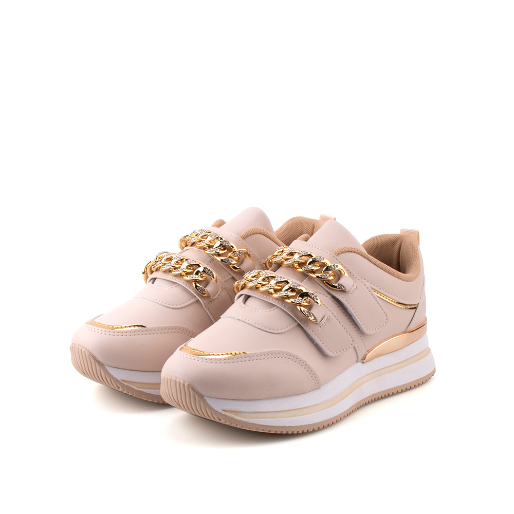 NYC Ladies Juliette Metal Chain Velcro-Strap Sneakers-N62301-TF01SV-52-BEIGE