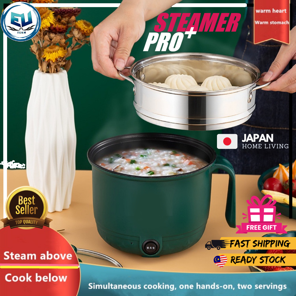 《 READY STOCK》JAPAN Mini Cooking Pot Electric Rice Cooker 1.8L Steam Rice Soup Non Stick Steamboat Periuk Nasi + EU