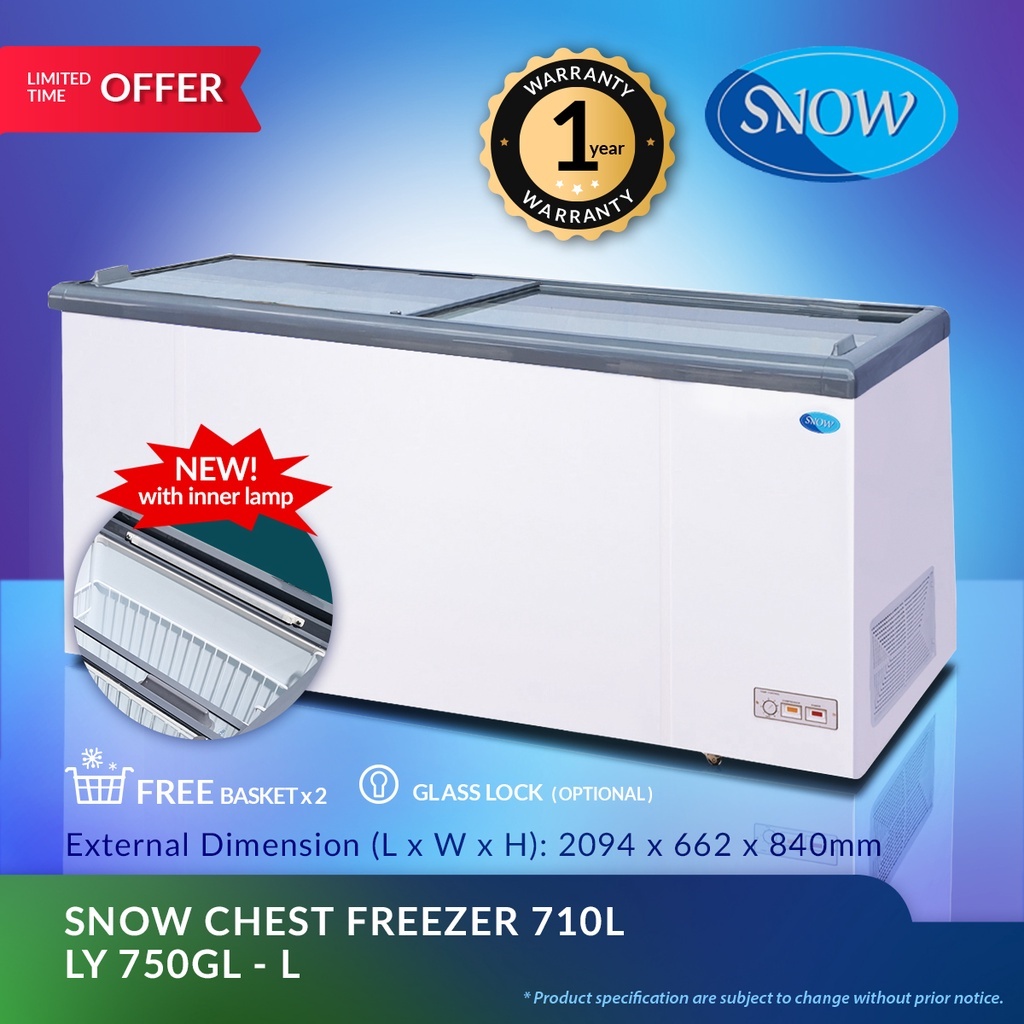 SNOW Chest Freezer LY750GLL LED Light  Sliding Glass Series 710 Liter 2 Door( Glass Lid Chest Freezer )