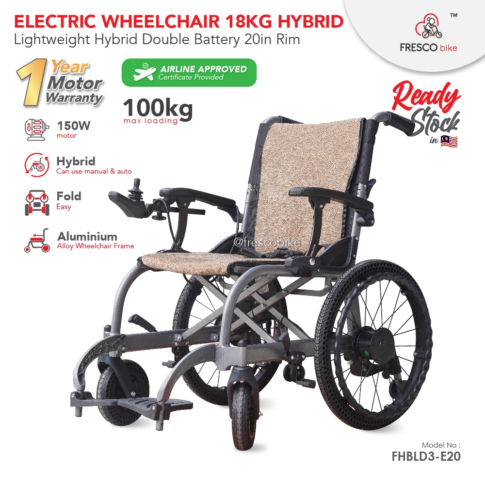 Electric Wheelchair Big Seat Hybrid Double Battery 18kg Lightweight