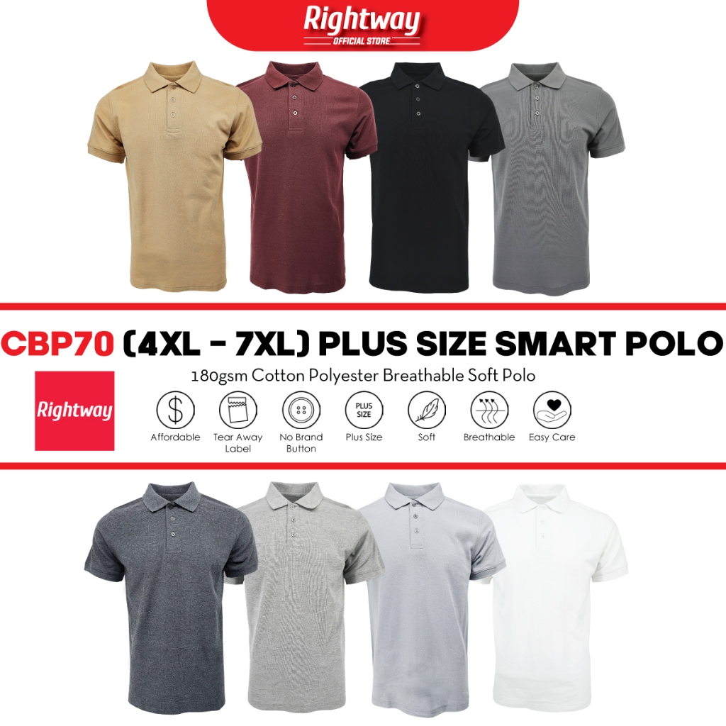 RIGHTWAY 4XL 5XL 6XL 7XL Plus Size Cotton Casual Polo CBP70 Unisex 180gsm Breathable Baju Polo Kosong Plus Saiz CBP70 A