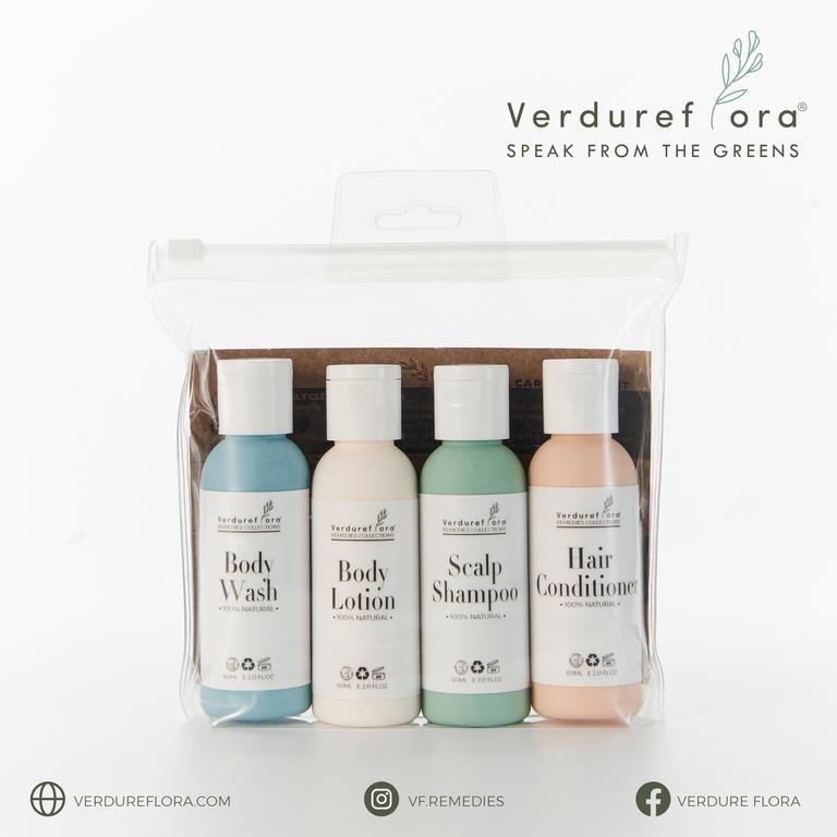 Verdure Flora Personal Care Travel Kit 4 In 1 Scalp Shampoo, Hair Conditioner, Body Wash, Lotion