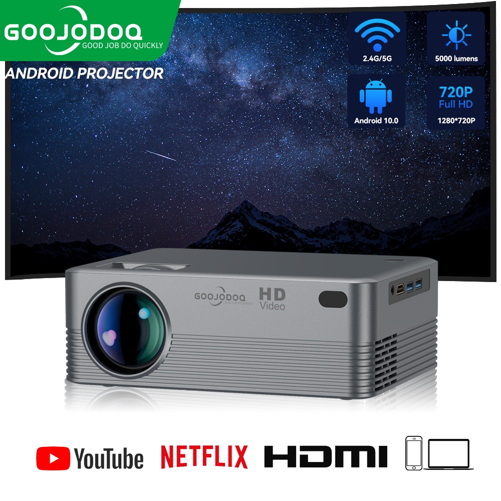 GOOJODOQ Android 10.0 Portable Projector 4K HDMI input 2.4G/5G dual-band Mini Home Projector Bluetooth5.0 Mini Projector