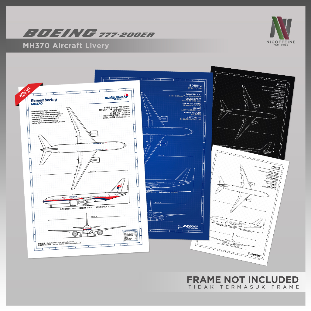 [Poster Only] Boeing 777 - 200ER & MH370 Malaysia Airlines Minimal Aviation Blueprint Large Poster Print / Wall Art