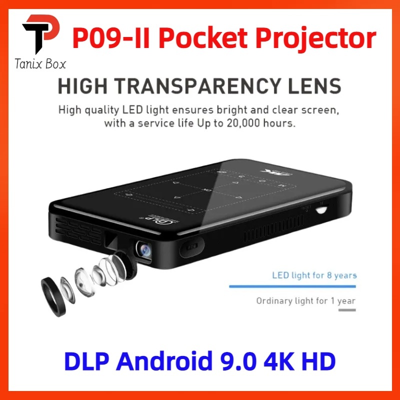 P09-II Full HD Projector Upgraded Version DLP Android 9.0 4K Home Camera Portable Mini Projector