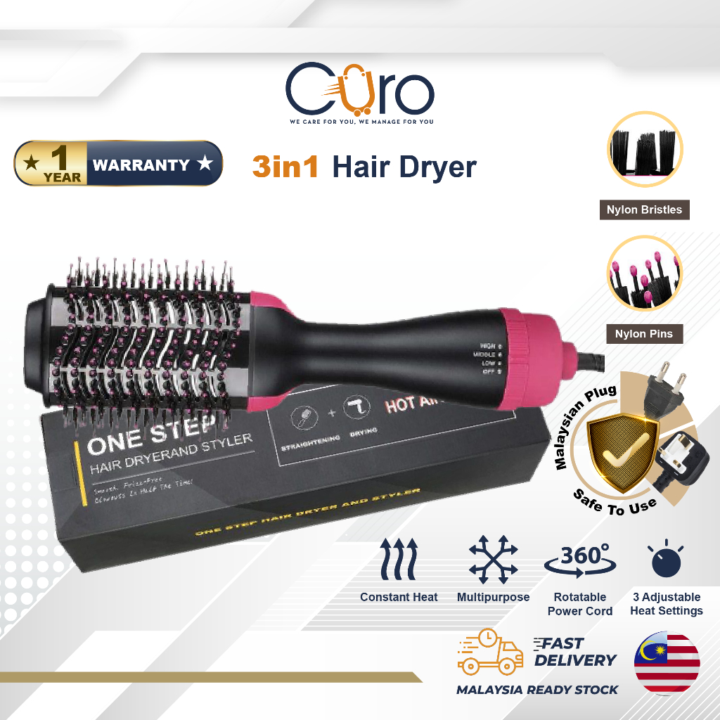 CURO Hair Dryer 3 in 1 Negative ION Hot Air Dryer Curly Hair Straight Hair Style Pengering Rambut