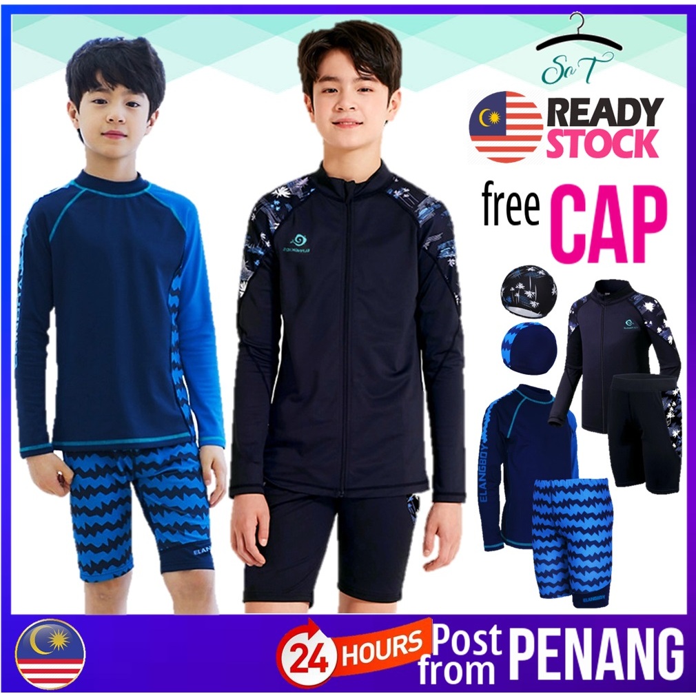 [#103] PENANG READY STOCK❤ Junior Boy Long Sleeve Swimsuits Swimwear Quick-drying Baju Renang Budak Lelaki Teenager 男童泳衣