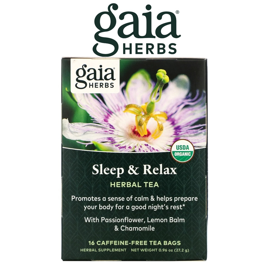 Gaia Herbs Herbal Tea Sleep & Relax Caffeine Free 16 Tea Bags 27.2g – Organic Passionflower Lemon Balm Relief Stress