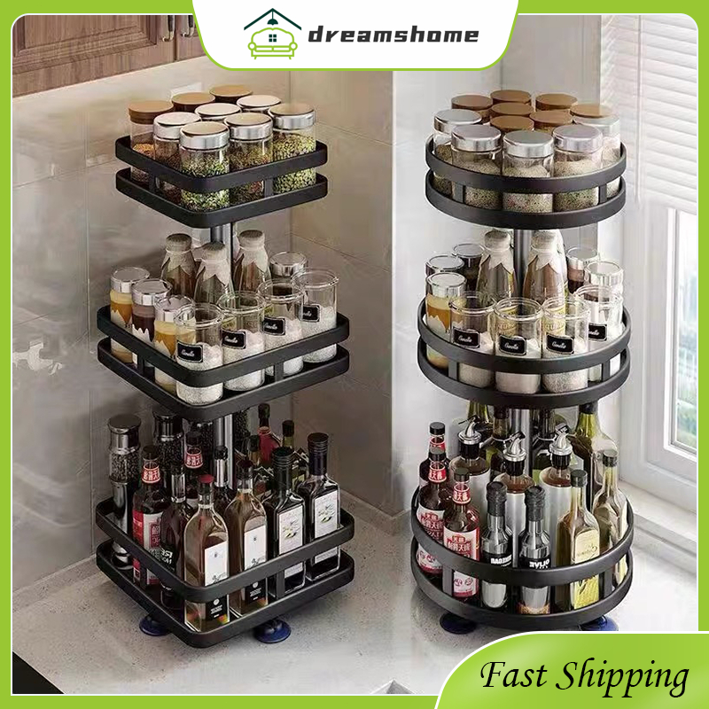 2/3 Tier 360° Rotating Spice Rack Rotatable Kitchen Rak Rempah Seasoning Condiments Storage Organizer Rack 旋转架置物架