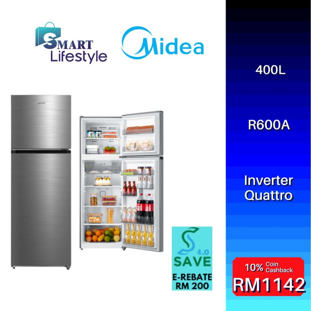 《Save 4.0》Midea 400L Inverter Quattro 2 Door Refrigerator - MDRT489MTB46-MY