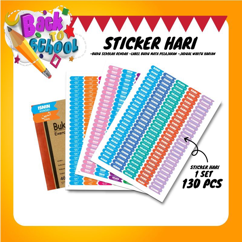 Sticker Hari dalam seminggu days stiker untuk tampal di buku latihan AHAD ISNIN HINGGA SABTU JAWI MANDARIN ENGLISH