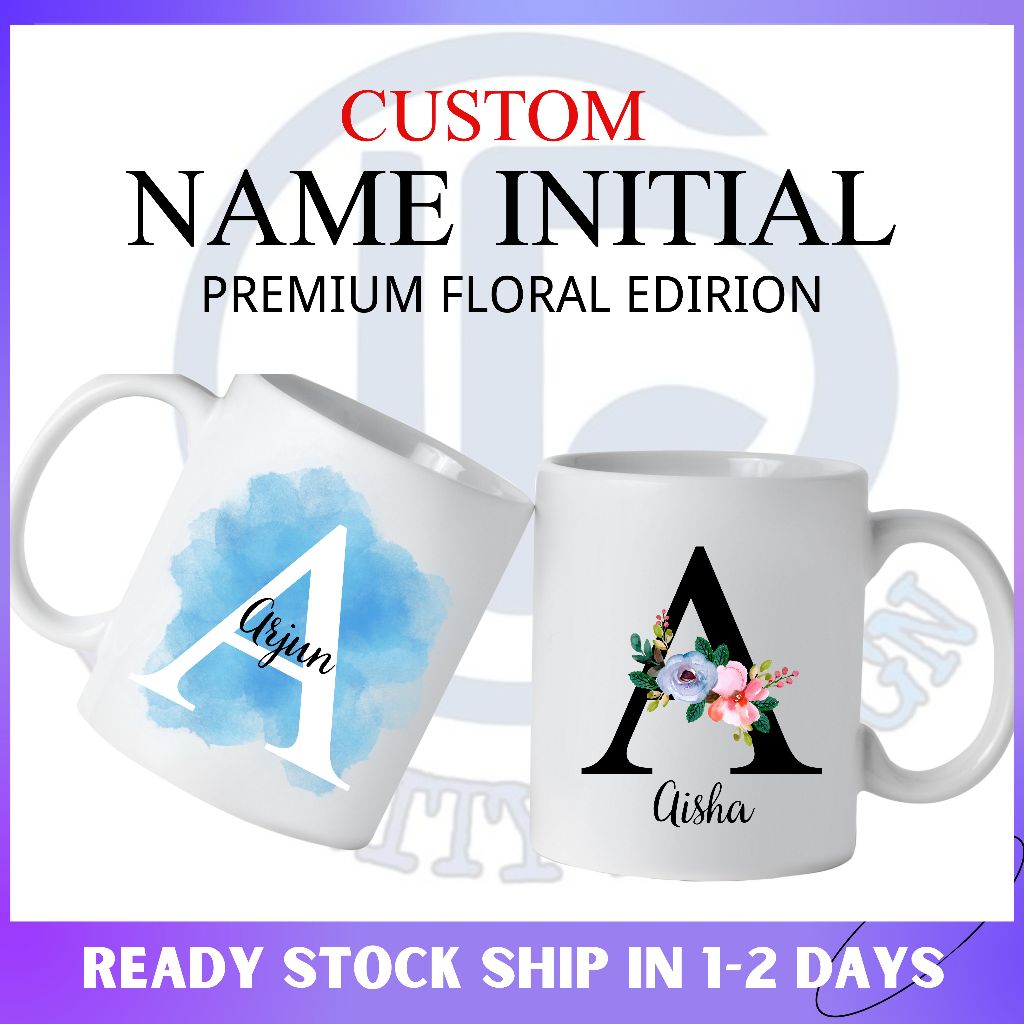 [HOT] Custom Mugs Name Initial FLOWER Personalized Alphabet Bunga Gift Mug Birthday Coffee Islamic Wedding Family day
