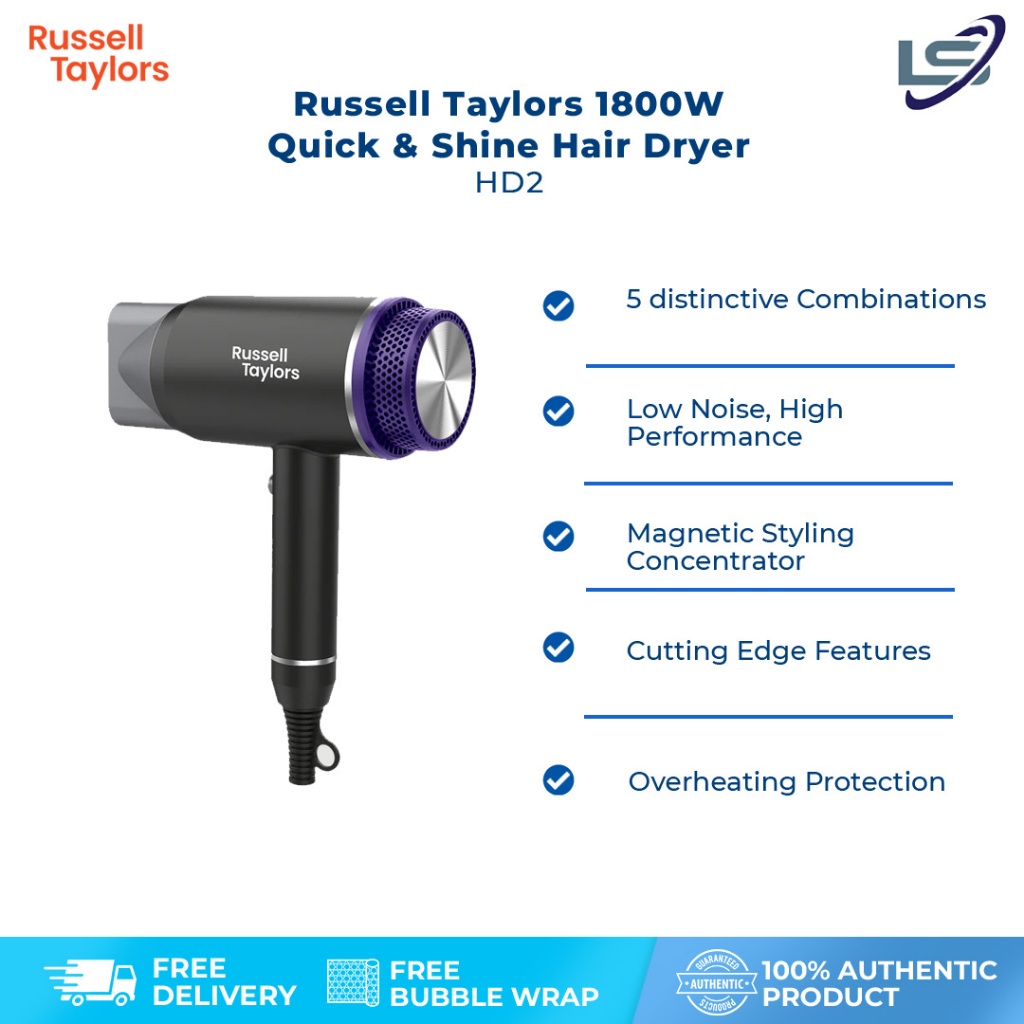 Russell Taylors 1800W Quick & Shine Hair Dryer HD2 | 3 Temperature Settings | Overheating Protection