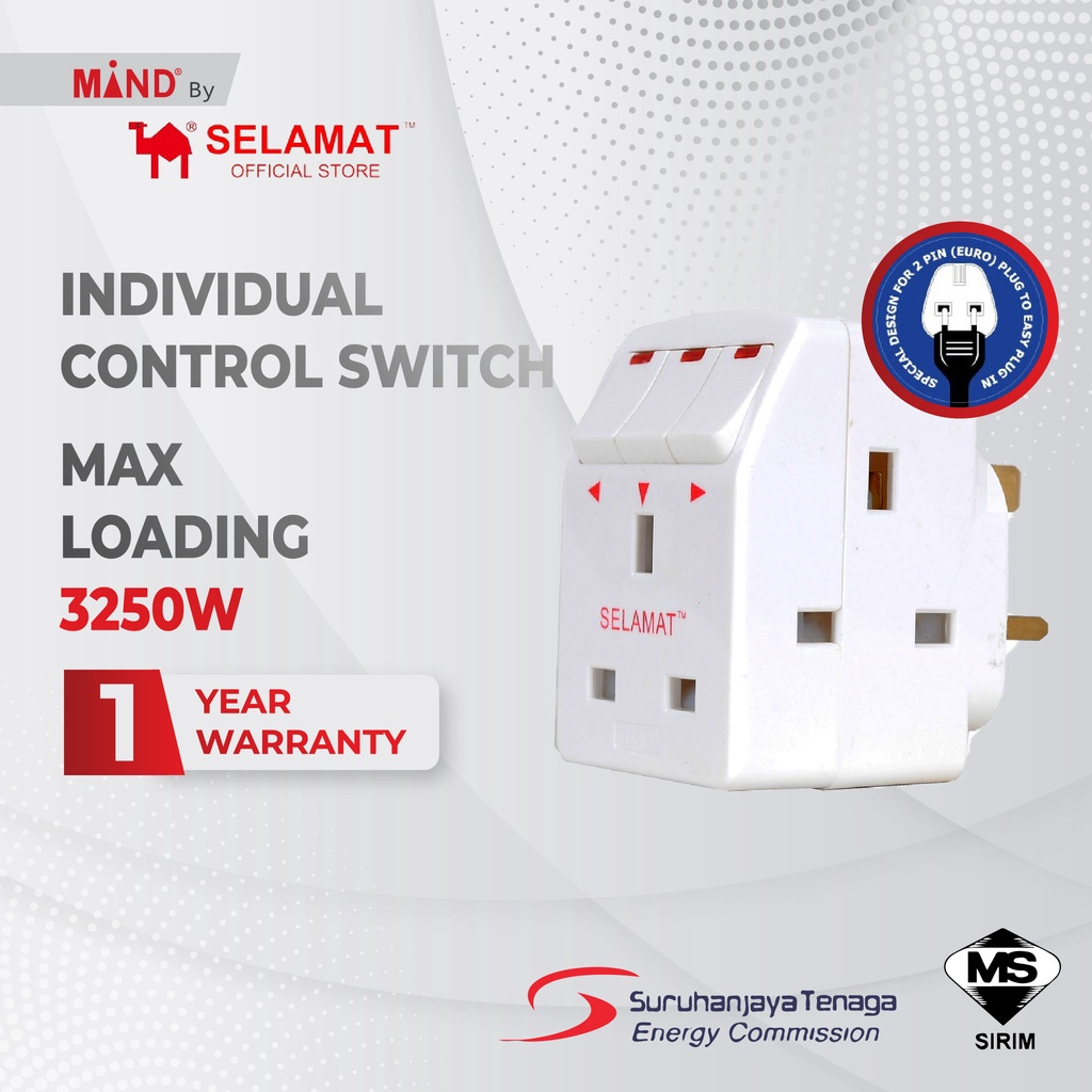 Selamat 3 Way Multi Adaptor with LED Switch (SIRIM APPROVED) Kilang/Direct factory/Bulk purchases