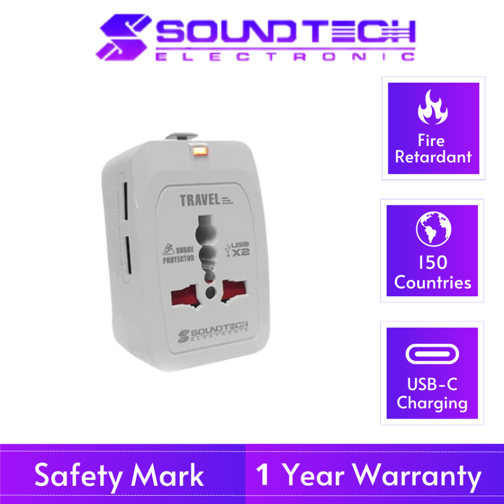 Soundteoh TA-669 Travel Adaptor with USB | Multi Country | Compact Size