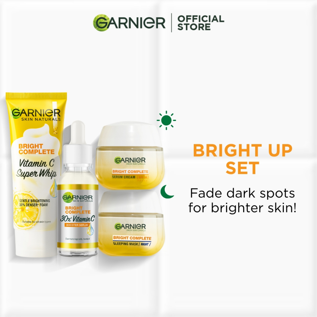 Garnier 4Pcs Essential Care Skincare Set - Bright Up Set | Brightening Vitamin C Serum + Day Cream SPF + Night Cream