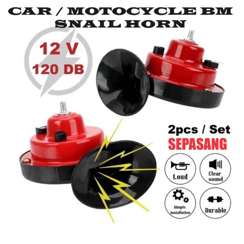 2PCS Car Horn Snail BM Horn Hon Siput Bunyi Kuat Kereta Hon Motorcyce 130db Honk Air Horn Siren Motosikal Motor