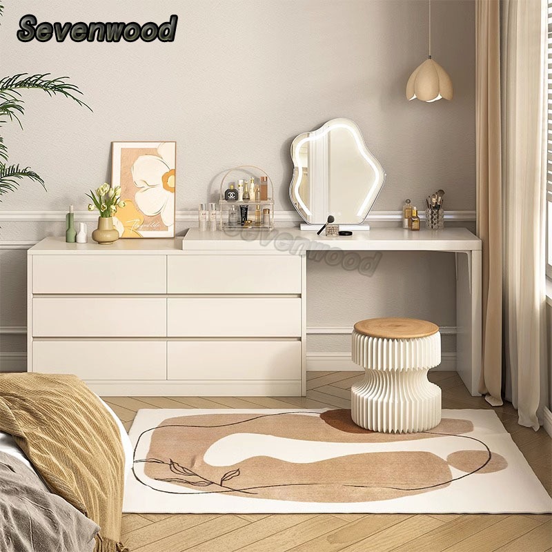 Sevenwood wooden dressing table with side cabinet drawers cream wind makeup table with mirror Jadual pakaian 梳妆台