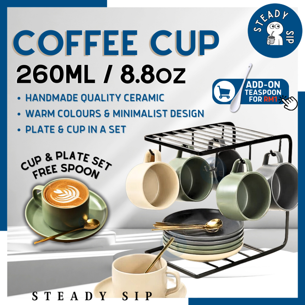 Steady Sip Mug Set Coffee Mug Cup With Handle and Saucer Cafe Coffee Glass 咖啡杯 陶瓷 Gelas Coffee Cafe Rumah Minimalist