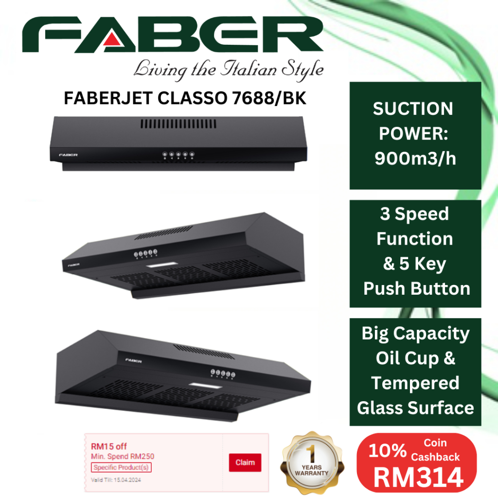 Faber Glass Designer Cooker Hood (FABERJET CLASSO 7688/BK/ 7688BK)