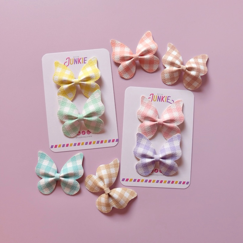 Butterfly Bows - Pastel Plaid (hairclip/headband) Handmade Leather Kids Baby Girl Hairclip / Headband / Hair Accessories