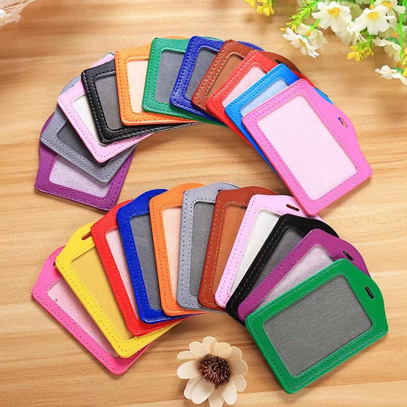 Credit Card ID Badge Holder Leather Bus Pass Case Cover Card Case Ring Luggage SchoolOffice Supplies