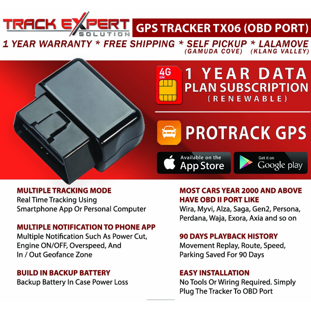 GPS TRACKER OBD II TX06 × PLUG AND PLAY EASY INSTALLATION × INCLUDING SIM CARD 1 YEAR DATA PLAN ×