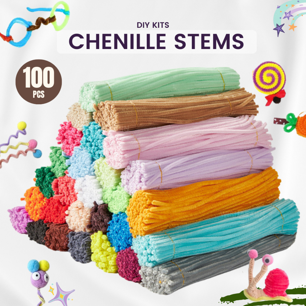 MY Ready Stock 100Pcs Colorful Chenille Stems Pipe Cleaners Assorted Colours Art and Craft 扭扭棒