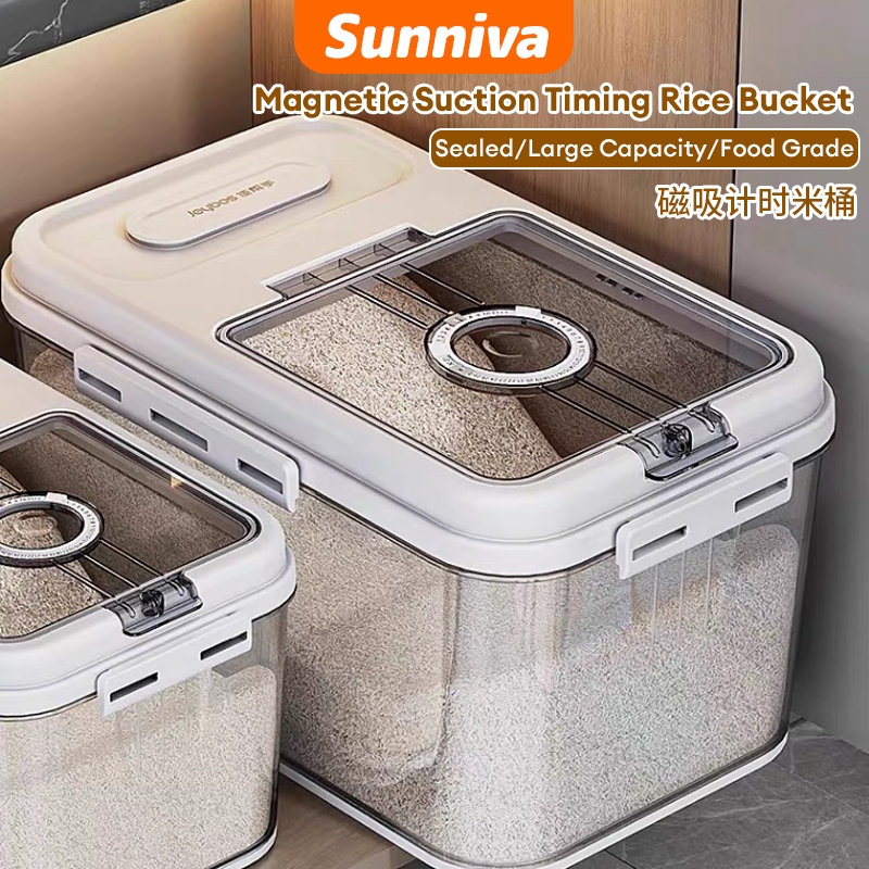 15kg Kitchen Organizer Food Container Rice Storage Rice Dispenser Pets Cat Food Storage Bekas Beras Tong 磁吸计时米桶猫狗粮储物盒