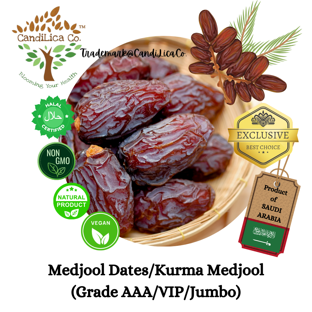 CandiLica Co. Grade AAA/VIP/Jumbo Premium Medjool Dates / Kurma Medjool - Product of Saudi Arabia