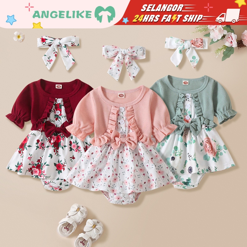 Dress Baby Girl newborn Floral Print Baju Baby Girl Newborn Baju Raya Baby Girl Romper Red Pink Green Short clothes