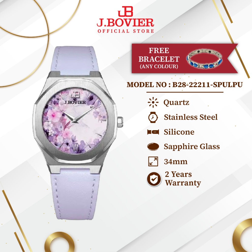 [2 Years Warranty] J.BOVIER Flower Silicone & Leather Strap Quartz Swiss Women Watch Jam Tangan Wanita B28-22211-SPULPU